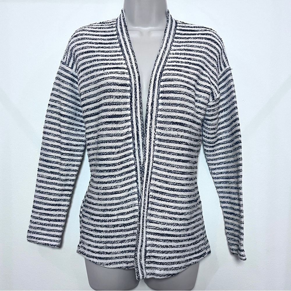 BCBG Striped Open Cardigan Boho Neutral Minimalist Knit Women's Sweater Small
